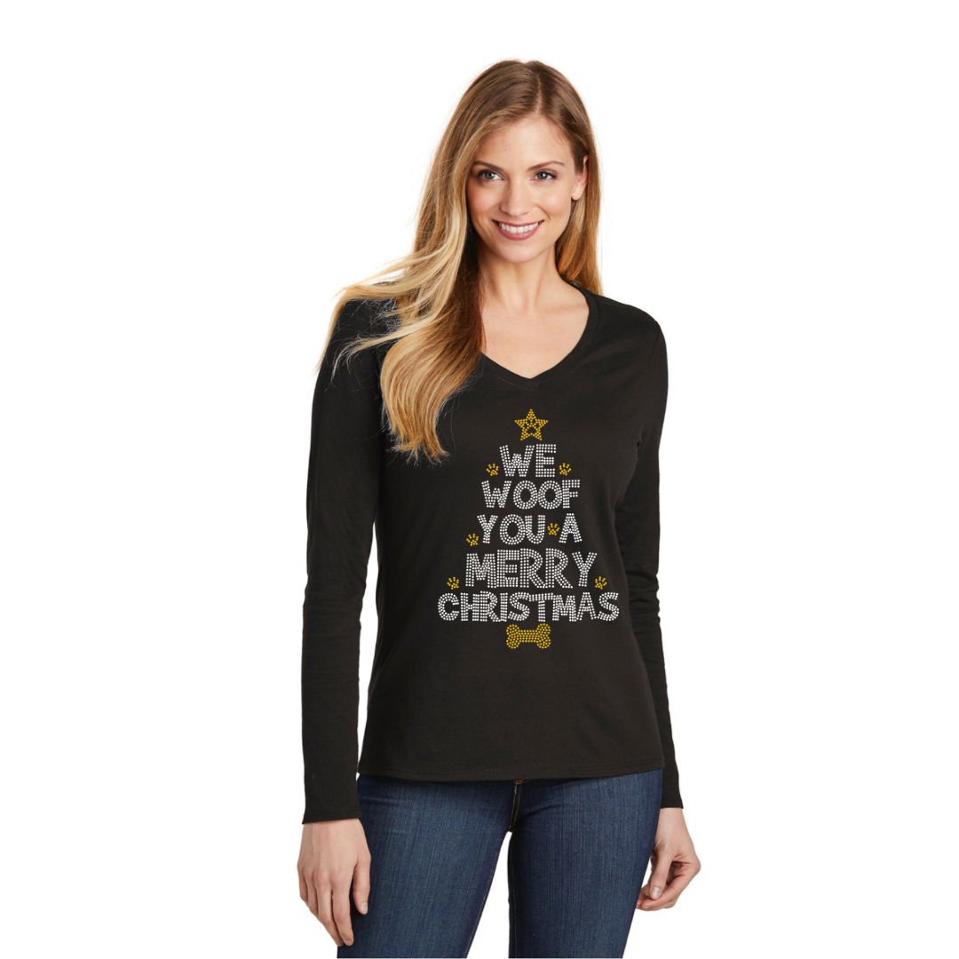 We Woof You A Merry Christmas Ugly Sweater Bling Ladies Long Sleeve V