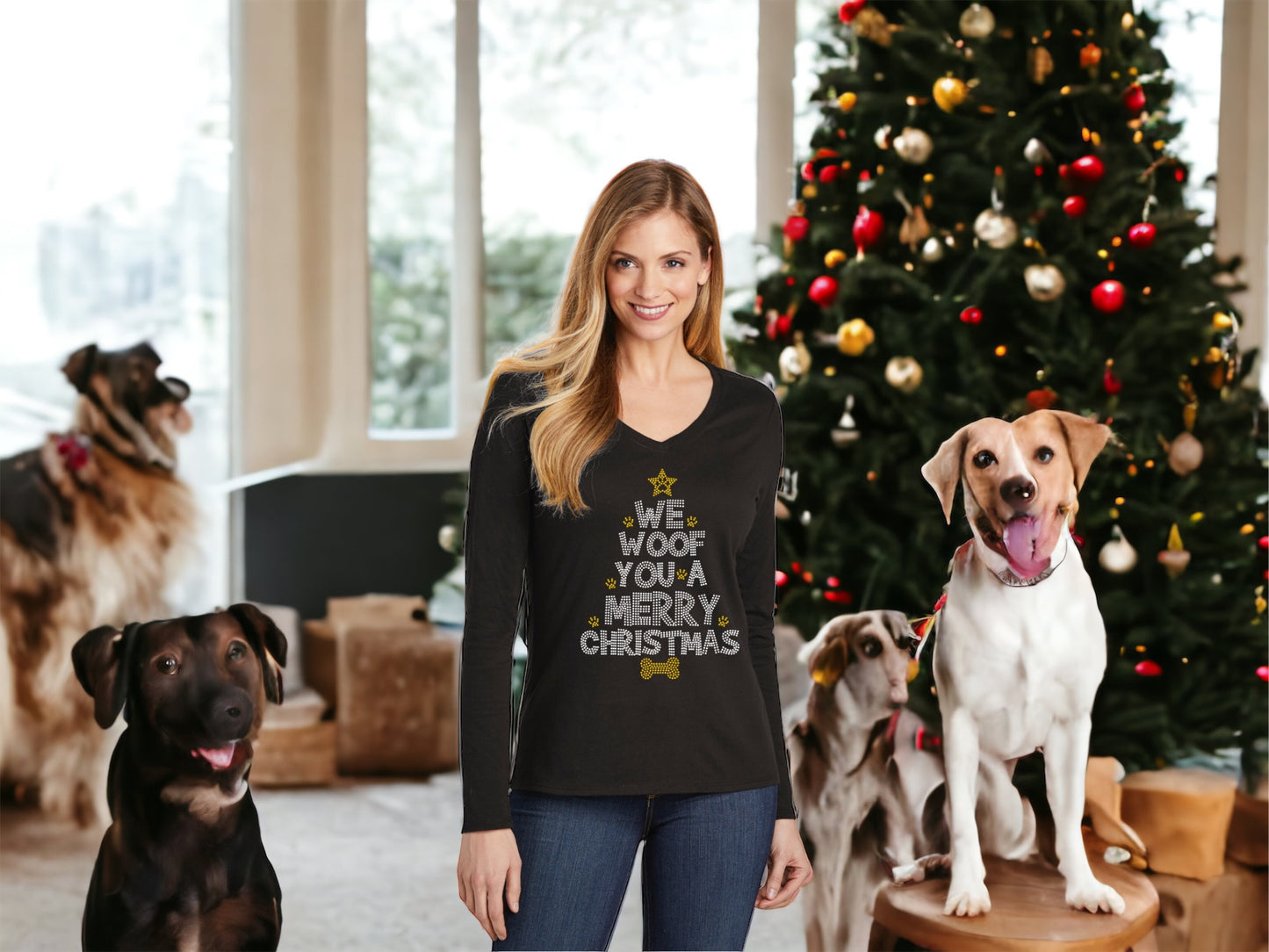 We Woof You A Merry Christmas Ugly Sweater Bling Ladies Long Sleeve V