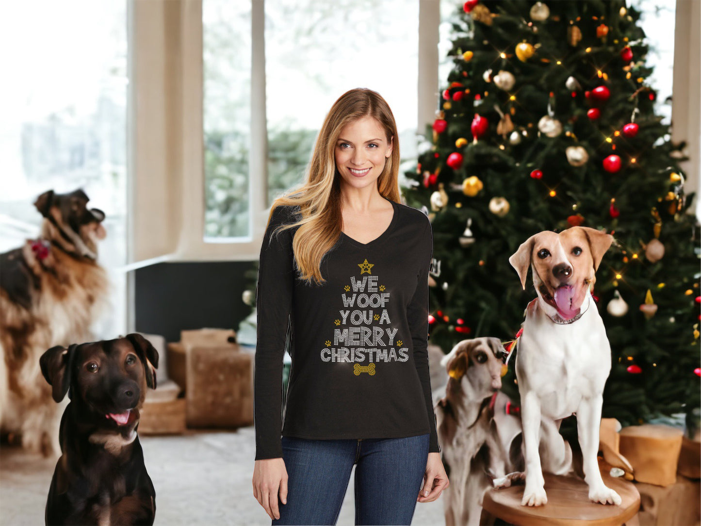We Woof You A Merry Christmas Ugly Sweater Bling Ladies Long Sleeve V
