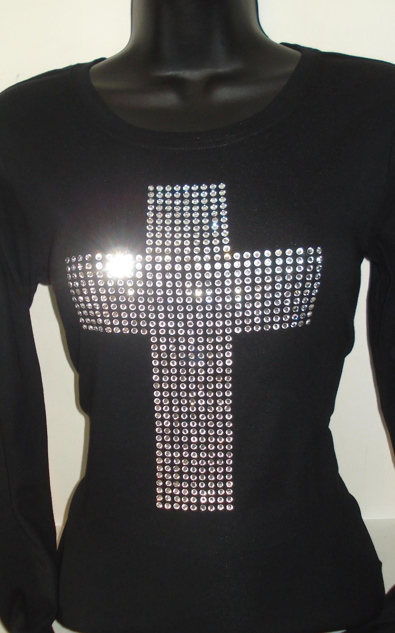 Bold Cross Bling Ladies Long Sleeve V