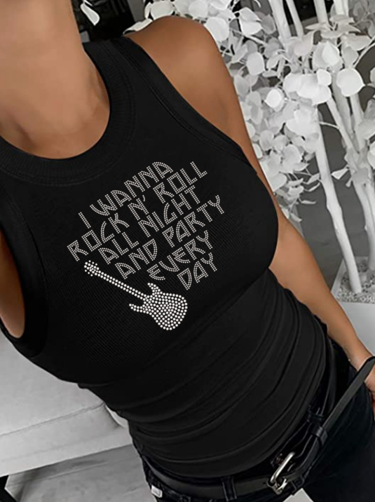 I Wanna Rock N Roll All Night Fitted Bling Tank