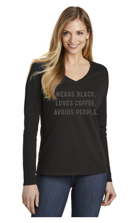 Wears Black Loves Coffee Avoids People Bling Ladies Luxe Long Sleeve V