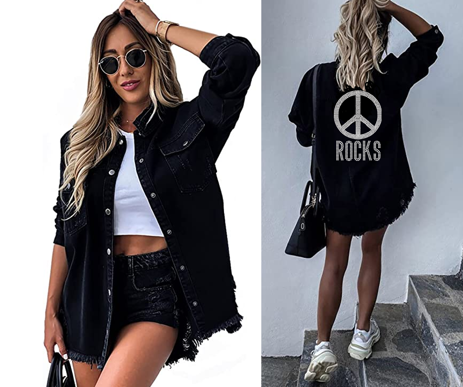 Peace Rocks Bling Black Denim Distressed Jacket