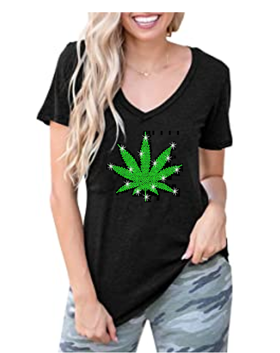 Pot Leaf #420 Ladies Bling V Neck