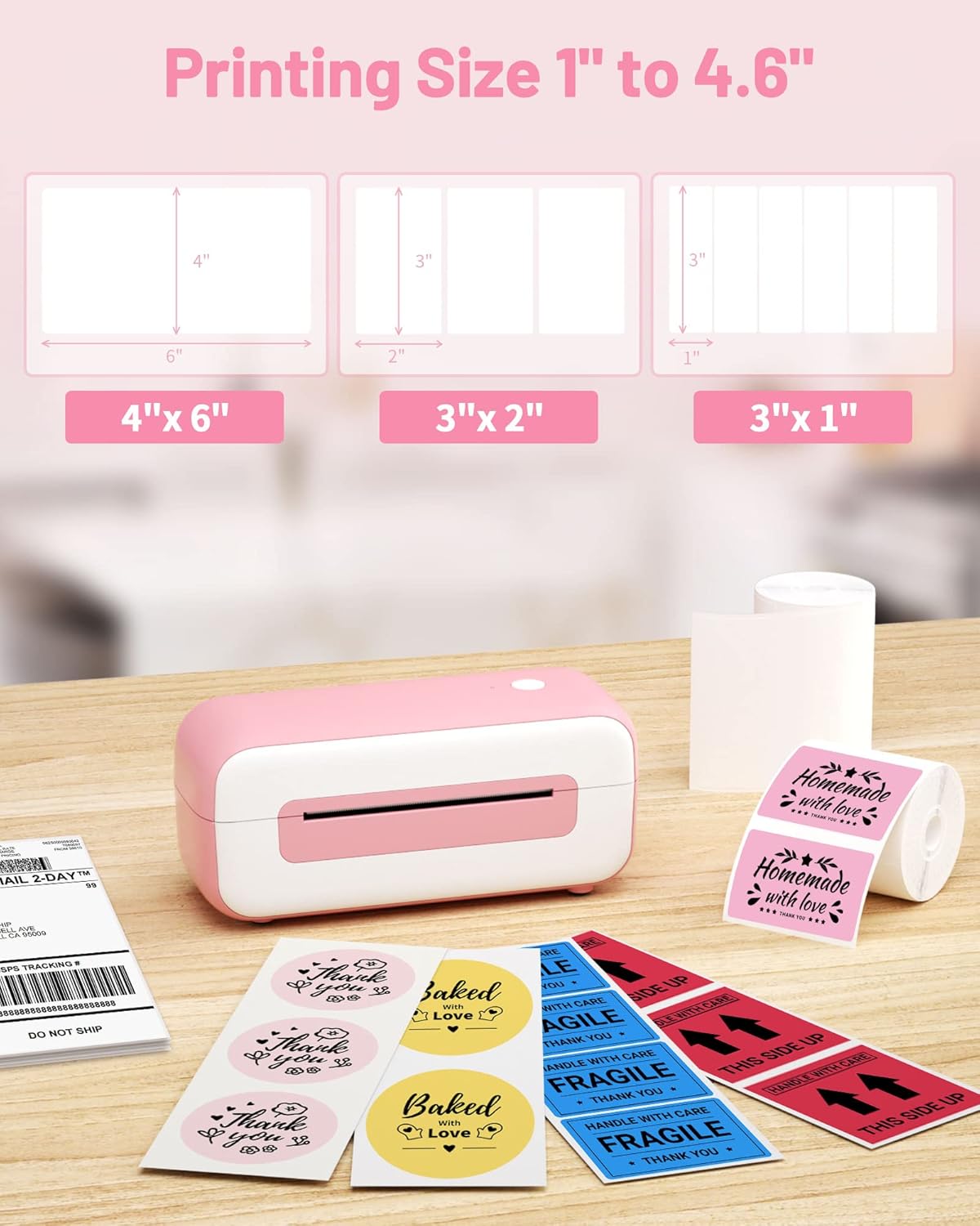 Phomemo PM-246S USB Pink Label Printer, Thermal Label Printer for Shipping Packages & Small Business