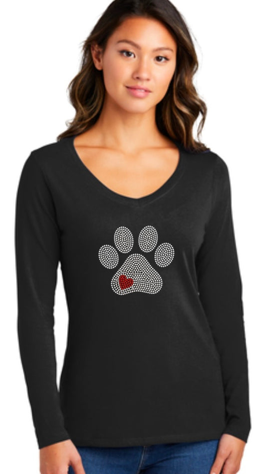 Heart Paw Bling Ladies Long Sleeve V