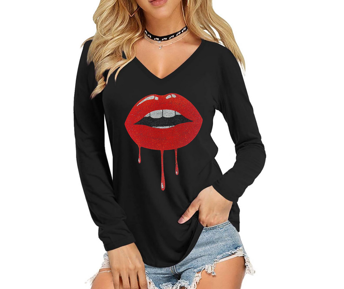 Dripping Lips Bling Ladies Long Sleeve V