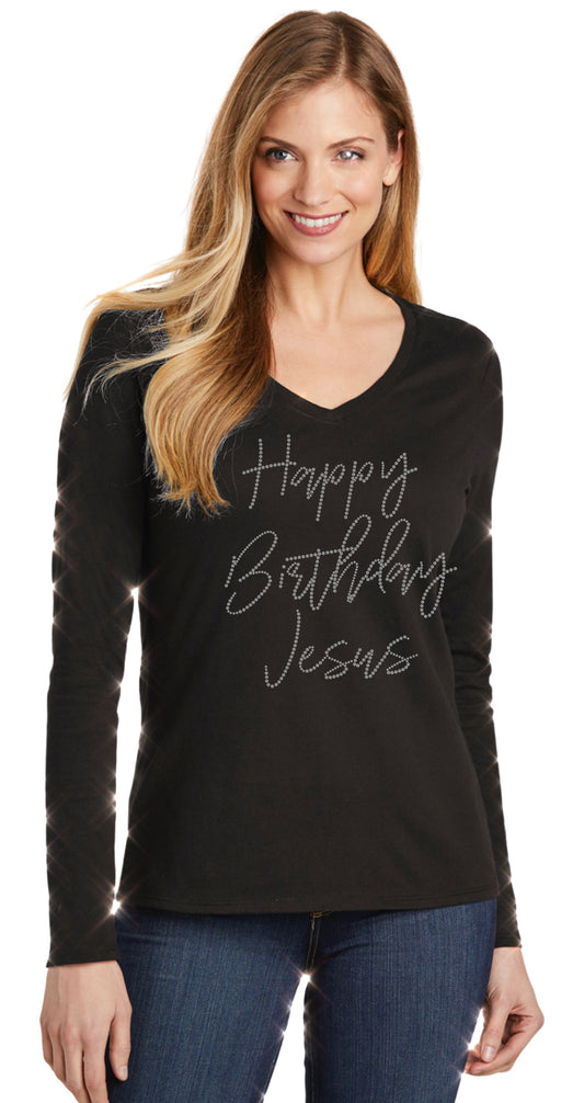 Happy Birthday Jesus Bling Ladies Long Sleeve V