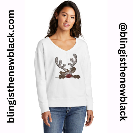 Rudolph  Ladies Bling V Neck Fleece