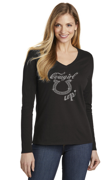 Cowgirl Up Bling Ladies Luxe Long Sleeve V