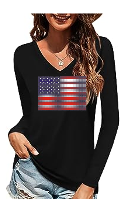 American Flag USA Bling V Necks Long or Short Sleeve
