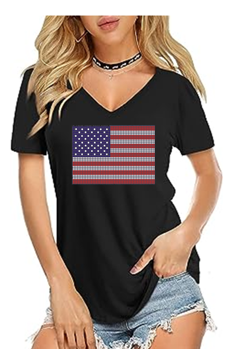American Flag USA Bling V Necks Long or Short Sleeve