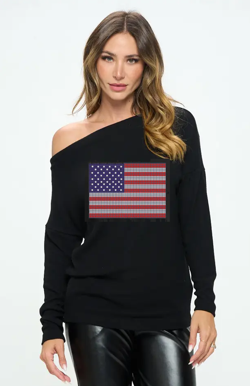 American Flag *NEW STYLE ALERT* Bling Long Sleeve Slouchy  USA