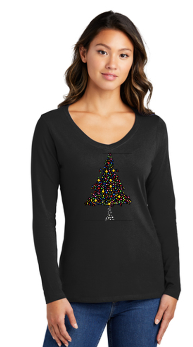 Christmas Tree Bling Ladies Long Sleeve V