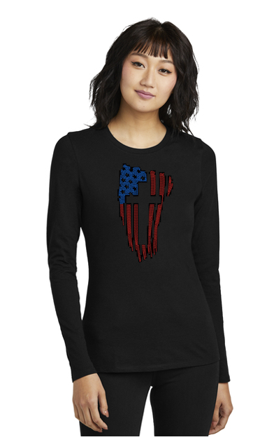 NEW! Cross Flag USA Bling Tribend Ladies Long Sleeve Crew YUMMY SOFT