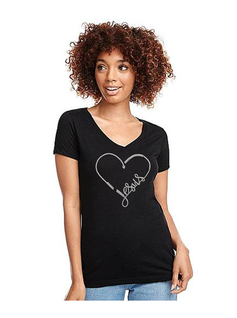 Jesus Heart Bling V Neck