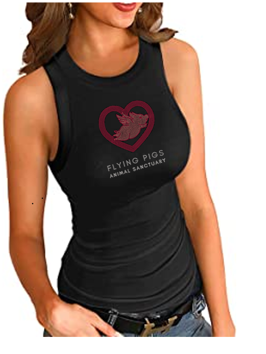 Flying Pigs Animal Sanctuary Ladies Longer Fitted Bling Tank