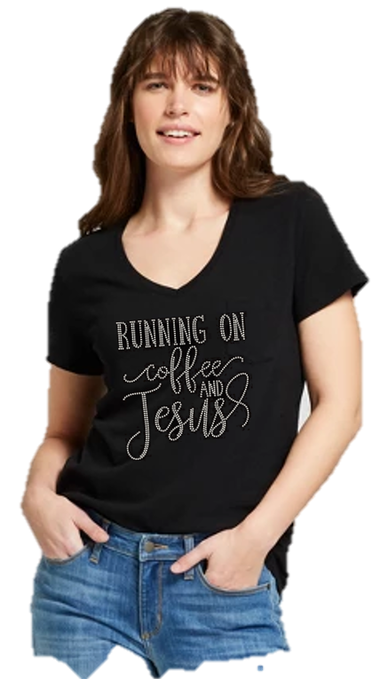 Running On Coffee And Jesus Ladies Bling V Neck