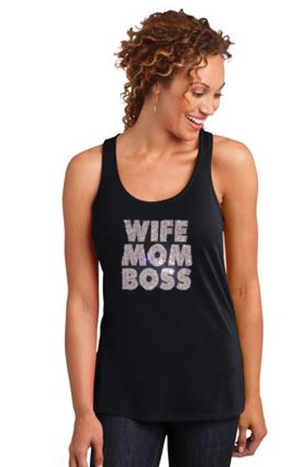 Wife Mom Boss Bling Flowy Racer Tank